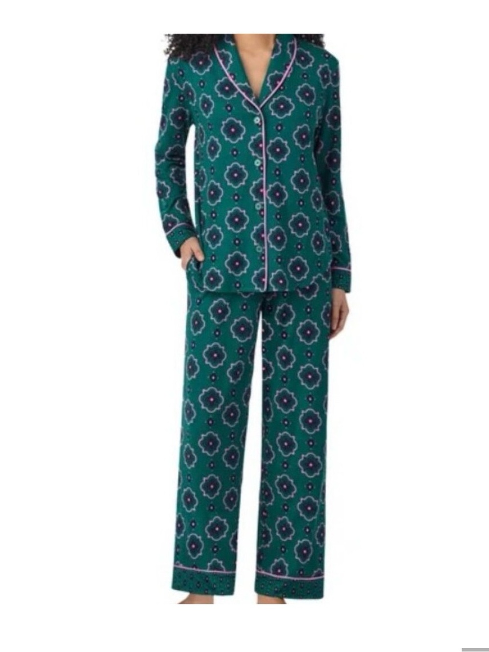 Room Service Shawl Collar Green and Pink Geometric Print Pajamas Set Size Small